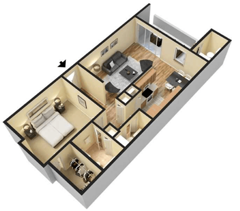 Floor plan for 1 bed, 1 bath, 720 sqft